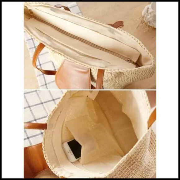 Hand-Woven Straw Tote Shoulder Bag Large Beach Purse Minimal Boho Vacation - Picture 2 of 7